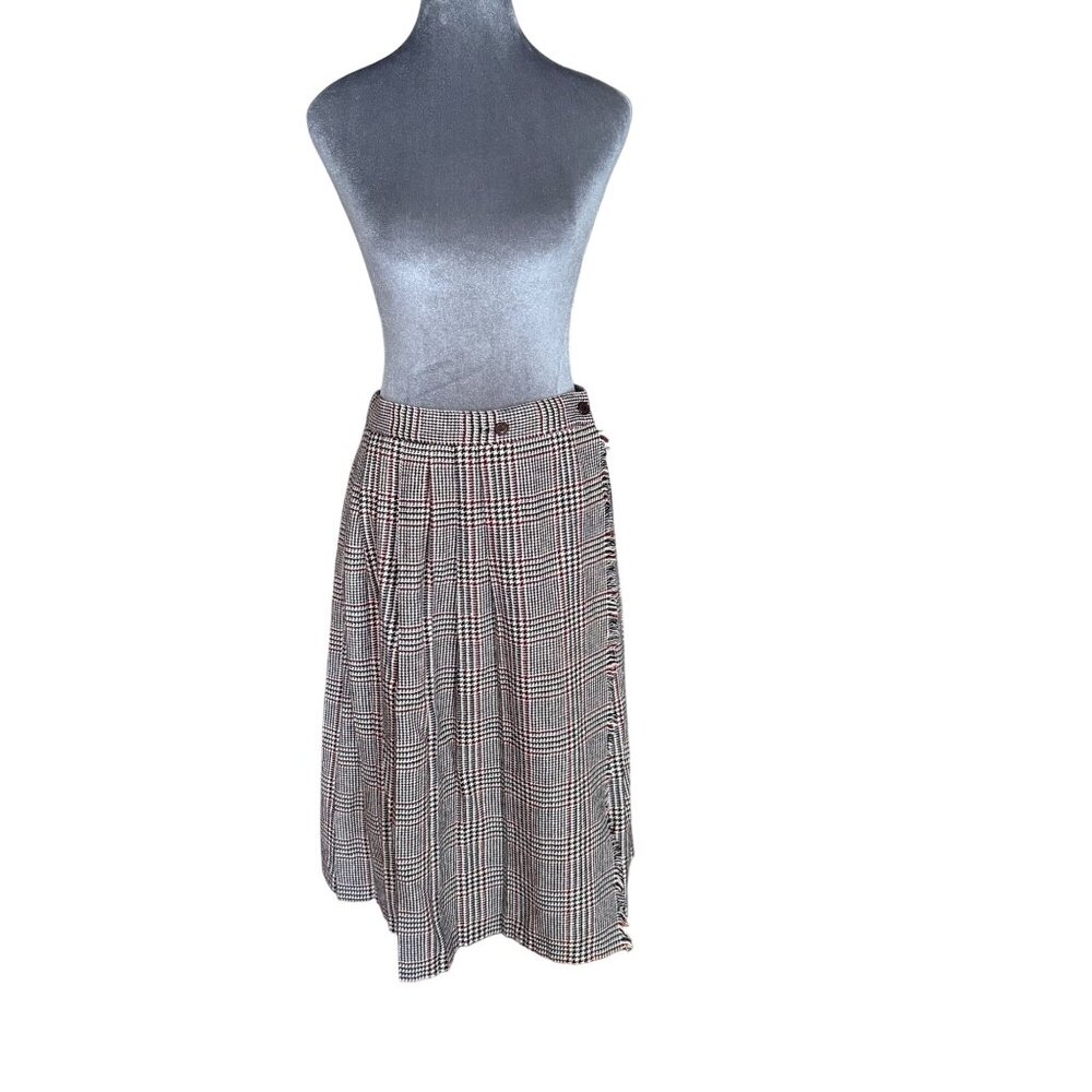 Vintage Plaid High-Waisted Pleated Midi Skirt Size 13 Polyester Blend Black Red
